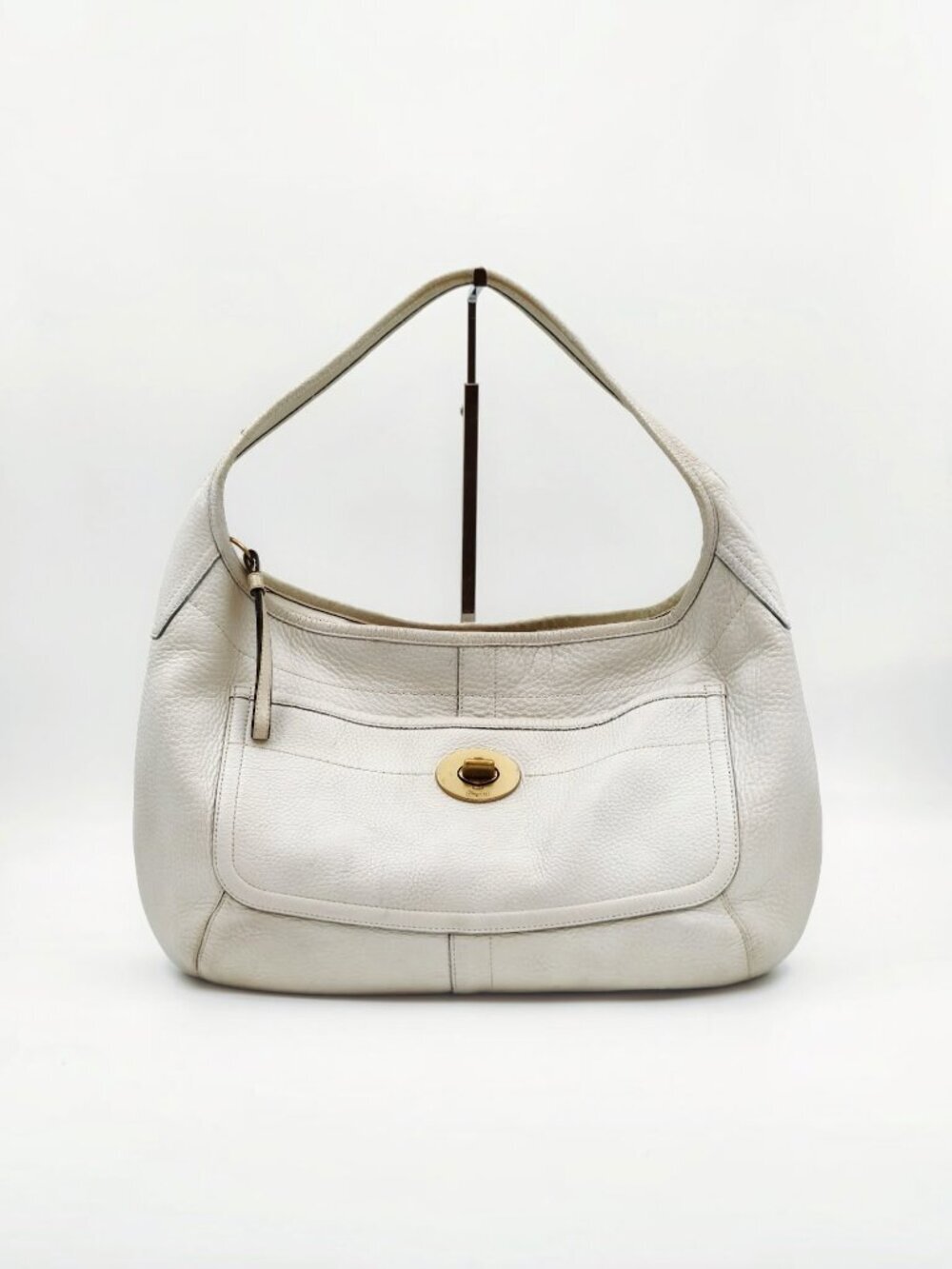 Coach White Pebbled Leather Turnlock Hobo Shoulder Bag Tote Purse - Picture 1 of 13